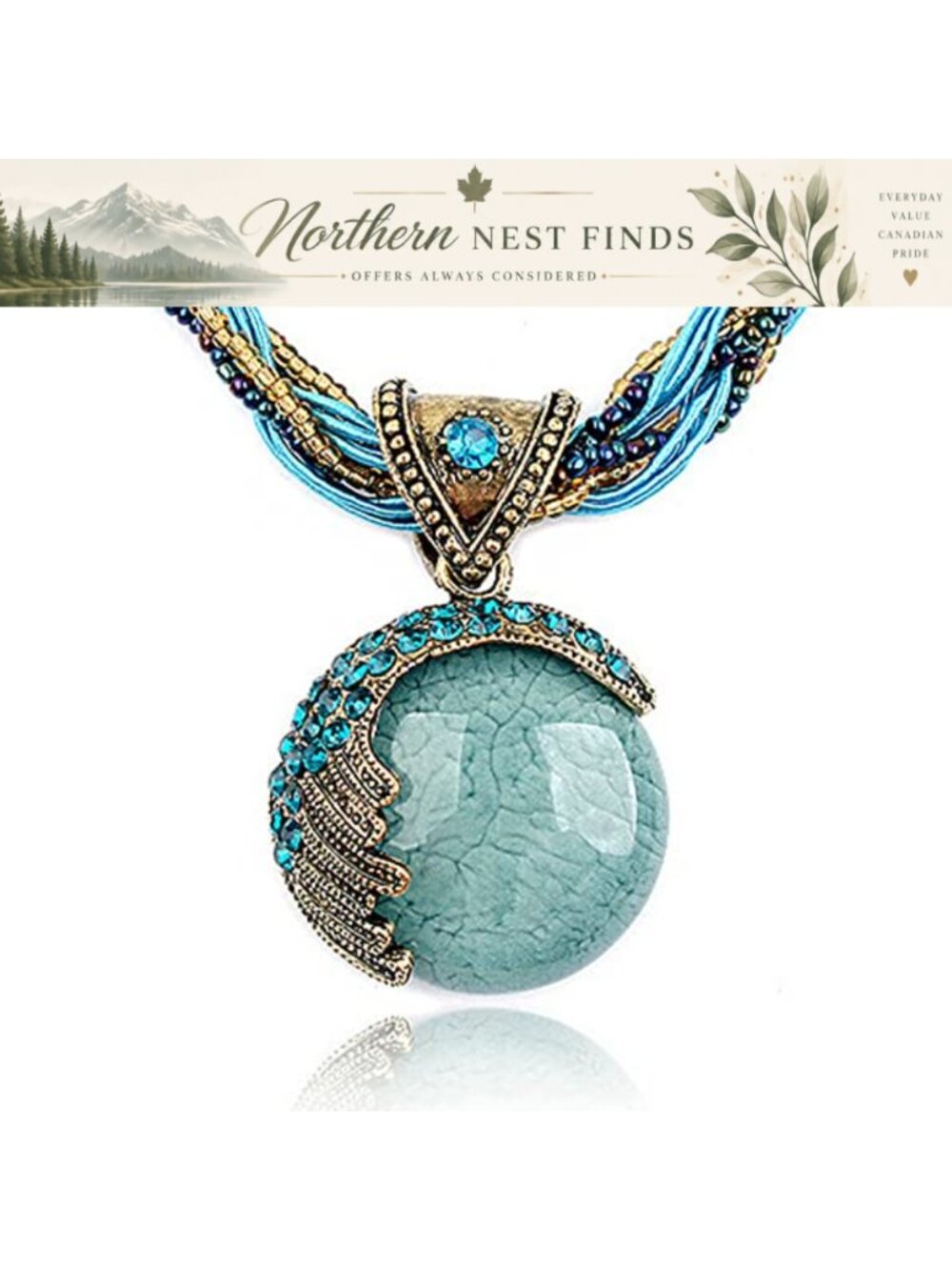 Retro Bohemian Turquoise Pendant Necklace Gold Tone Collar Jewelry